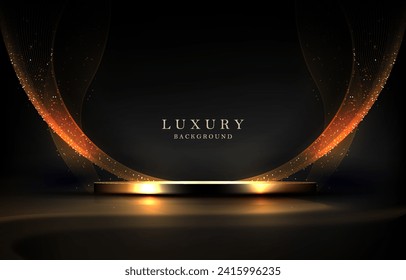 Golden round podium on a relief dark background with tinsel.