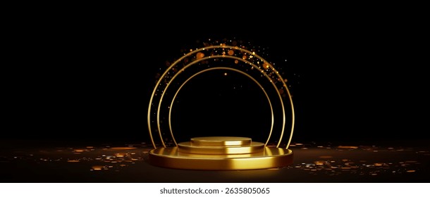 Golden round podium - stage with glowing arches and glitter particles on black bg. Luxury platform for product showcase or award ceremony. Shiny gold confetti ,sparkles falling around empty pedestal.