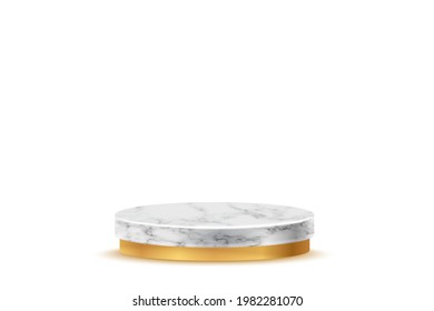 Podio redondo dorado bajo una plataforma de mármol gris para el producto. 3d peatón en la ilustración vectorial de patrón de piedra. Estadio geométrico en el piso. Lugar abstracto para publicidad o decoración.