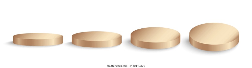 Golden round podium, winner platform or product display from different angles. Golden round stage, exhibition stand isolated on transparent background, 3d vector. 3D
Illustration