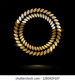 Golden round shiny laurel wreath isolated on black background. Vector design element