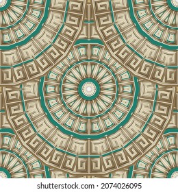 Golden round tiled mandalas seamless pattern. Tribal ethnic greek style background. Repeat vector backdrop. Modern grunge ornaments with greek key, meanders, frames, borders, radial shapes, circles.