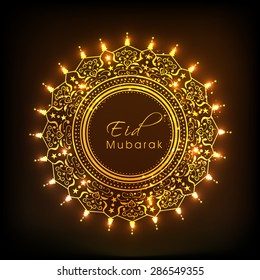 Marco dorado redondeado decorado con hermoso diseño artístico floral sobre fondo marrón para el festival islámico, celebración de Eid Mubarak. 