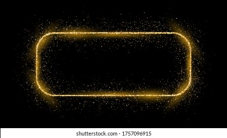 Golden rounded rectangle frame with glitter, sparkles and flares on dark background. Empty luxury backdrop. Vector illustration.