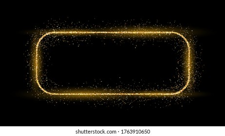 Golden rounded rectangle frame with glitter, sparkles and flares on dark background. Empty luxury backdrop. Vector illustration.