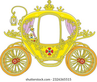 Golden royal ceremonial carriage from a fairy tale, vector cartoon illustration isolated on a white background