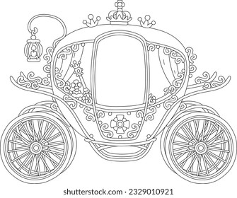 Golden royal ceremonial carriage from a fairy tale, black and white outline vector cartoon illustration for a coloring book