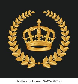 Golden royal crown with a laurel wreath on a black background. Vector image.