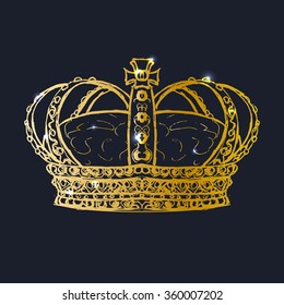 Golden royal crown on black background. Vector illustration