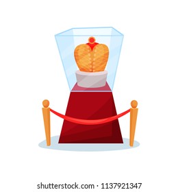 Golden royal crown on pedestal under glass box. Headwear of king. Valuable museum exhibit. Fencing with red ribbon. Flat vector icon