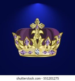 golden royal crown with precious stones and diamonds on a dark background