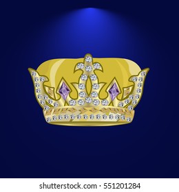 golden royal crown with precious stones and diamonds on a dark background
