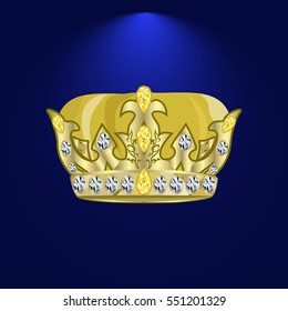 golden royal crown with precious stones and diamonds on a dark background