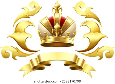 Golden royal crown with red and white velvet and golden ribbon is decorating a white background, creating a luxurious and regal heraldic emblem