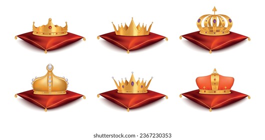 Golden royal crown set with monarchy symbols realistic isolated vector illustration