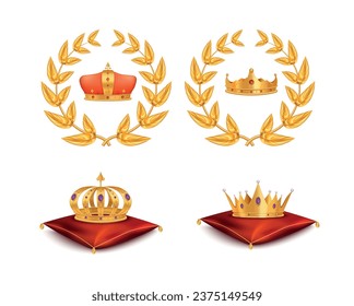 Golden royal crown set with nobility and monarchy symbols realistic isolated vector illustration