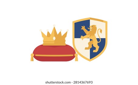 Golden royal crown sitting upon a plush red velvet cushion next to a heraldic knight shield featuring a golden lion emblem.
