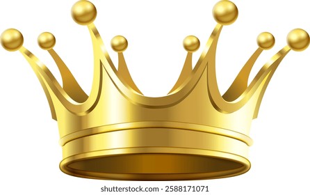 Golden royal crown with sophisticated details shining on white background, representing monarchy, authority, leadership, success, wealth, and achievement