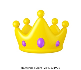 Golden Royal crown vector 3d icon. King or Queen cartoon crown with jewels isolated on white background. Emoji symbol of royalty or luxury