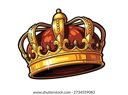 Golden Royal Crown Vector Illustration. Shiny King Headwear Symbolizing Power and Monarchy, Isolated on White.
