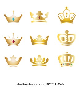 Golden royal crowns icon set. Crowns with gems, diamonds. King corona design elements. Prince, princess diadem isolated on white background.