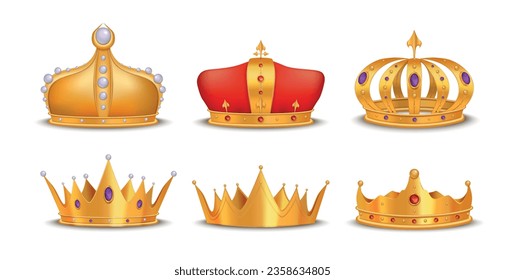 Golden royal crowns realistic set of isolated shiny diadems with jewels and gems on blank background vector illustration