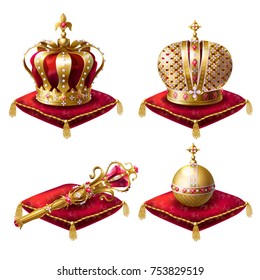 Golden royal crowns, scepter with gem stone and globus cruciger lying on  red  ceremonial pillow with tassels realistic vector illustrations set isolated on white background. Symbols of monarchy power