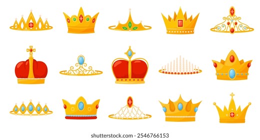 Coronas reales de oro y tiaras. Diademas de rey de dibujos animados. Cascos de reina. Cabeza de príncipe con piedras preciosas. Preciosos símbolos de poder. Joyas de coronación. Elementos monárquicos