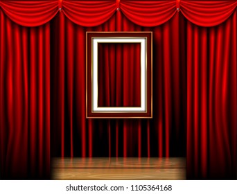 Golden royal frame photo on drake red curtain stage background