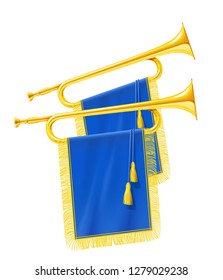 Golden royal horn trumpet with blue banner. Musical instrument for king orchestra. Gold Royal fanfare for play music. Isolated white background. EPS10 vector illustration.