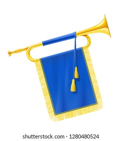 Golden royal horn trumpet with blue banner. Musical instrument for king orchestra. Gold Royal fanfare for play music. Isolated white background. EPS10 vector illustration.
