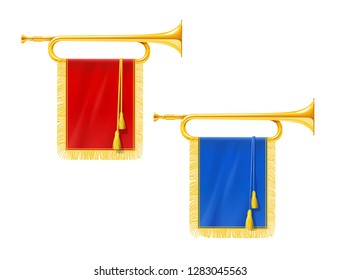 Golden royal horn trumpet with blue and red banner. Musical instrument for king orchestra. Gold Royal fanfare for play music. Isolated white background. EPS10 vector illustration.