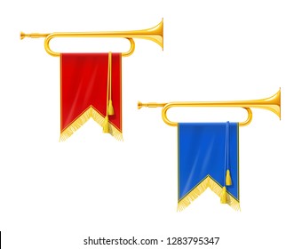 Golden royal horn trumpet with blue and red banner. Musical instrument for king orchestra. Gold Royal fanfare for play music. Isolated white background. EPS10 vector illustration.