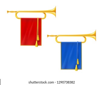 Golden royal horn trumpet with blue and red banner. Musical instrument for king orchestra. Gold Royal fanfare for play music. Isolated white background. EPS10 vector illustration.