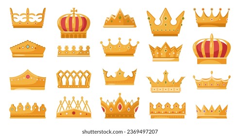 Golden royal jewelry symbol of king queen and princess, isolated flat cartoon icons set. Sign of crowning prince authority. Crown jewels symbol of emperor, coronet sign vector illustration