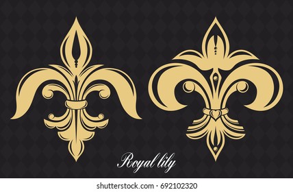 Golden royal lily. Heraldic symbol. Elegant emblem in the form of a flower. Vintage drawing. Isolated object on a dark background. Vector.