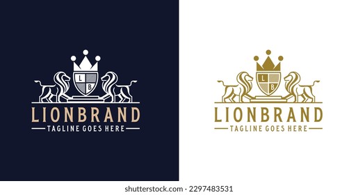 Golden Royal Lion King Crown Premium Classic Luxury Elegant Crest logo design inspiration. Royal coat of arms company label symbol.