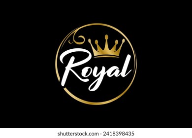 Golden royal queen crown logo rounded border shape, luxury elegant kingdom icon symbol label.