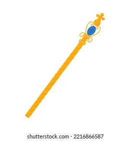 Golden royal regal scepter. Cartoon vector illustration. Royal gold jewelry. King, queen monarchy imperial symbol. Isolated on a white background.