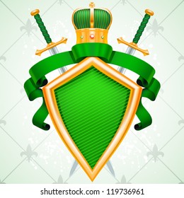 Golden royal shield with crown swords and banner