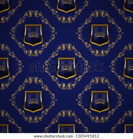 Golden royal shield with floral elements, damask ornament on background for site, web design. Old frame, border, crown, realistic seamless pattern in vintage style for label, emblem, badge, logo