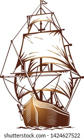 golden royal ship on sea vector logo