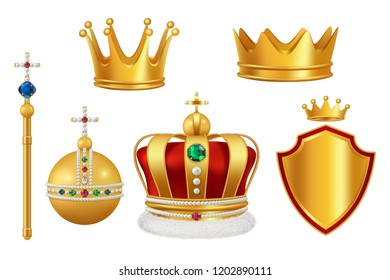 Golden royal symbols. Crown with jewels for knight monarch antique trumpet medieval headgear vector realistic. Illustration of king and monarch golden crown with jewelry stone