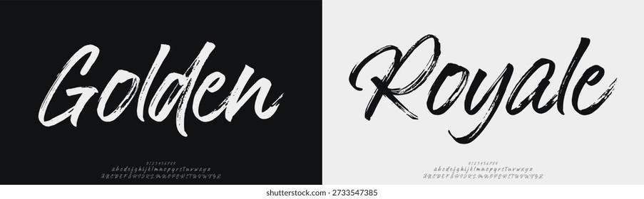 Golden Royale Script, letras elegantes del alfabeto y número de fuente. Moda minimalista con letras serif clásicas y modernas. Fuentes de decoración de tipografía para marca, boda, invitaciones, logotipo.
