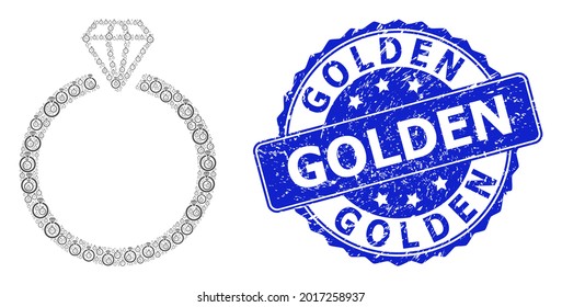 Sello redondo de goma dorada y anillo de diamante de mosaico recursivo vectorial. El sello azul incluye la etiqueta dorada en forma redonda. El mosaico vectorial está construido a partir de iconos recursivos del anillo de diamante.