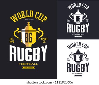 Trofeo de rugby de oro para la bandera del Mundial. Copa Americana de Fútbol para logo de club deportivo o signo de ropa deportiva, estampado en pantalones. Marca de equipo y competición, moda y ropa, tema publicitario