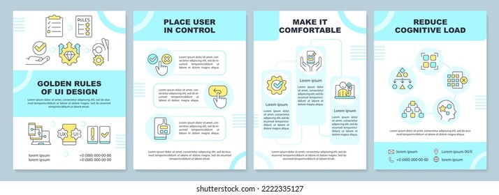 Golden rules of UI blue brochure template. User interface. Leaflet design with linear icons. Editable 4 vector layouts for presentation, annual reports. Arial-Black, Myriad Pro-Regular fonts used