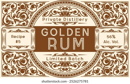 Golden Rum - monochrome ornate vintage decorative label