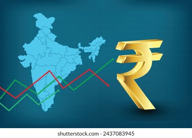 Golden Rupee Currency symbol with India map. golden Indian rupee and 3d india map.
