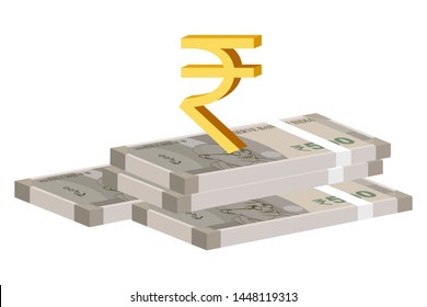 Golden rupee sign or symbol on top of stack of Indian rupee bills. Translation: 500 rupee Reserve Bank of India